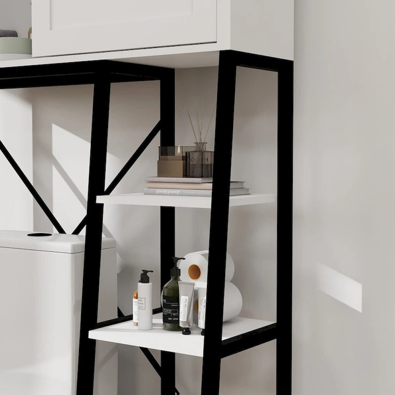 Meuble de rangement WC avec porte coulissante de style grange et étagères latérales ouvertes, blanc