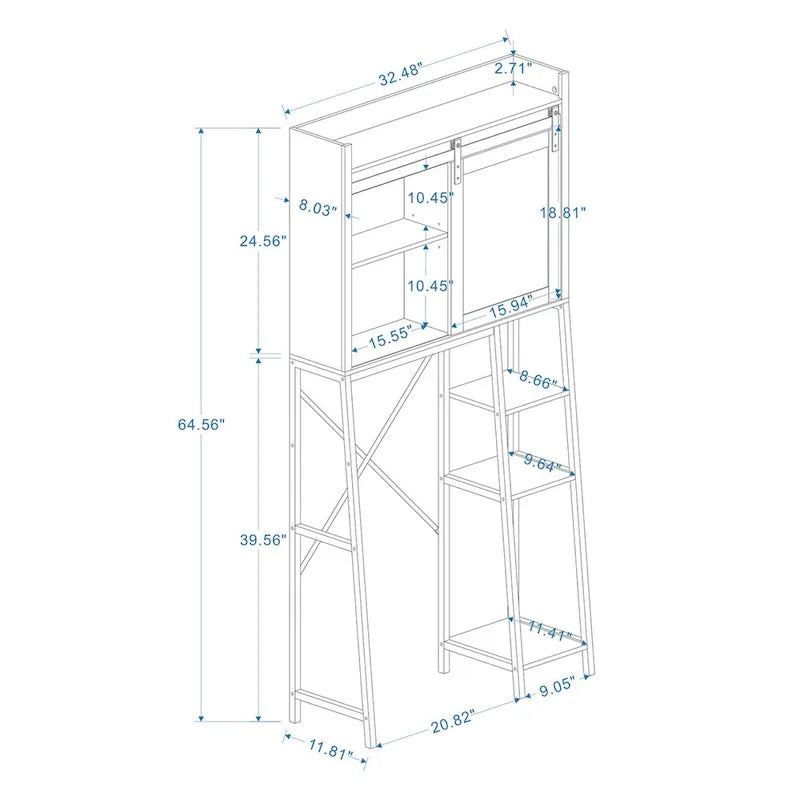 Meuble de rangement WC avec porte coulissante de style grange et étagères latérales ouvertes, blanc