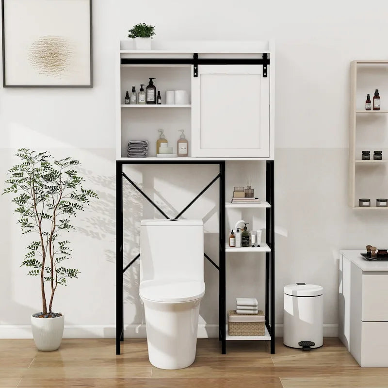 Meuble de rangement WC avec porte coulissante de style grange et étagères latérales ouvertes, blanc