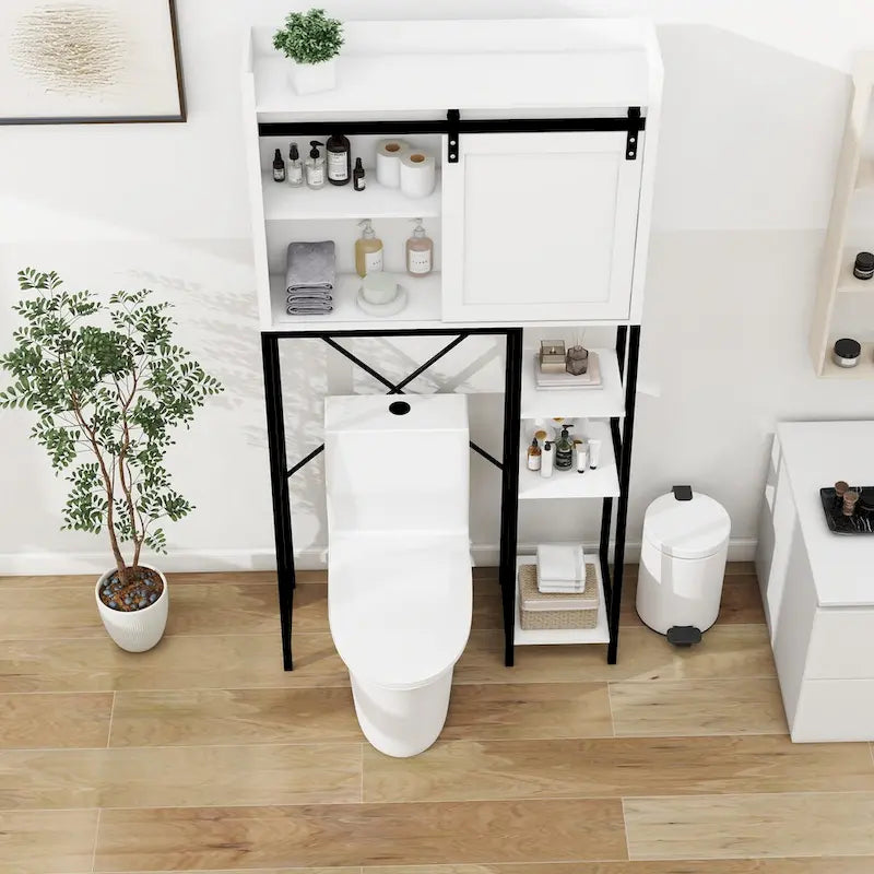 Meuble de rangement WC avec porte coulissante de style grange et étagères latérales ouvertes, blanc