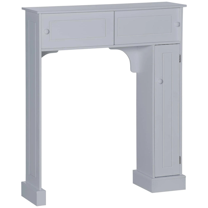 Meuble de rangement de salle de bain gris au-dessus des toilettes avec portes coulissantes et étagères réglables