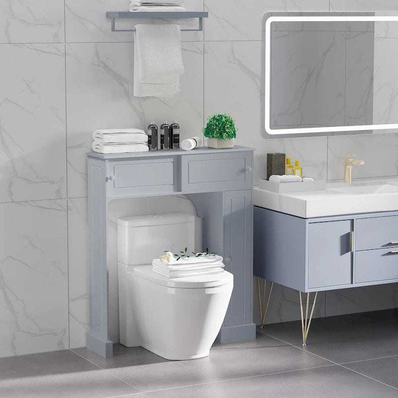 Meuble de rangement de salle de bain gris au-dessus des toilettes avec portes coulissantes et étagères réglables