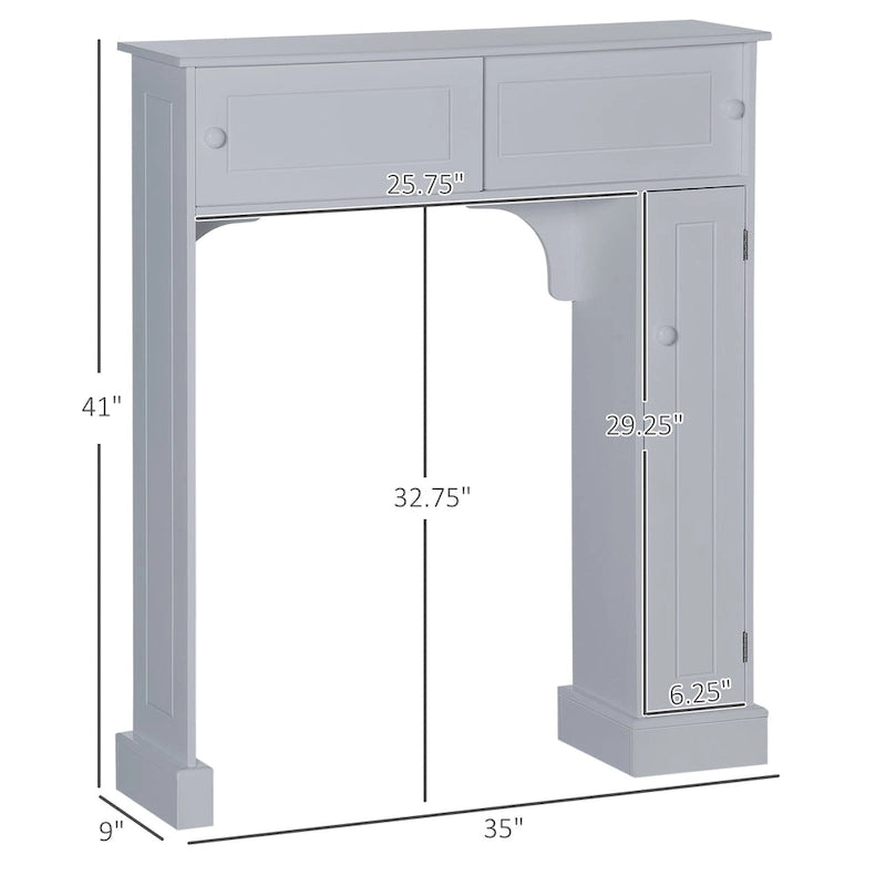 Meuble de rangement de salle de bain gris au-dessus des toilettes avec portes coulissantes et étagères réglables