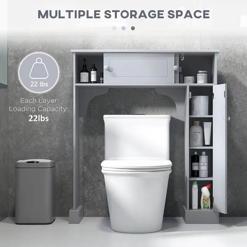 Meuble de rangement de salle de bain gris au-dessus des toilettes avec portes coulissantes et étagères réglables