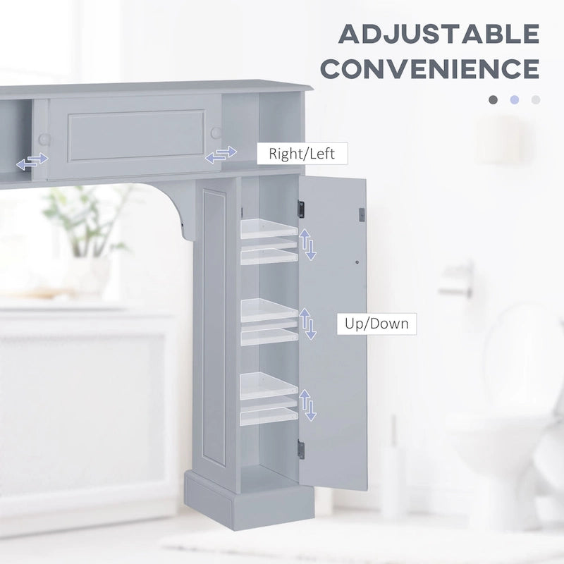 Meuble de rangement de salle de bain gris au-dessus des toilettes avec portes coulissantes et étagères réglables