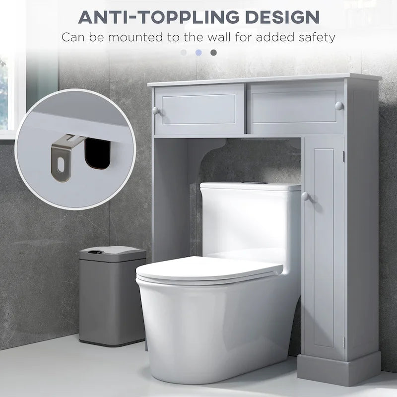 Meuble de rangement de salle de bain gris au-dessus des toilettes avec portes coulissantes et étagères réglables