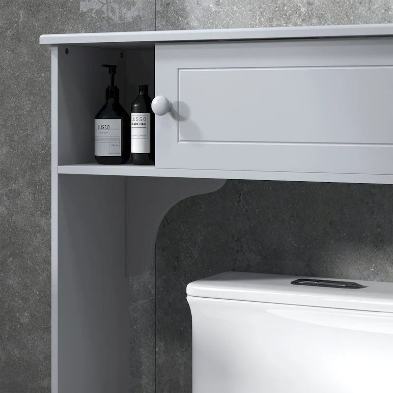 Meuble de rangement de salle de bain gris au-dessus des toilettes avec portes coulissantes et étagères réglables