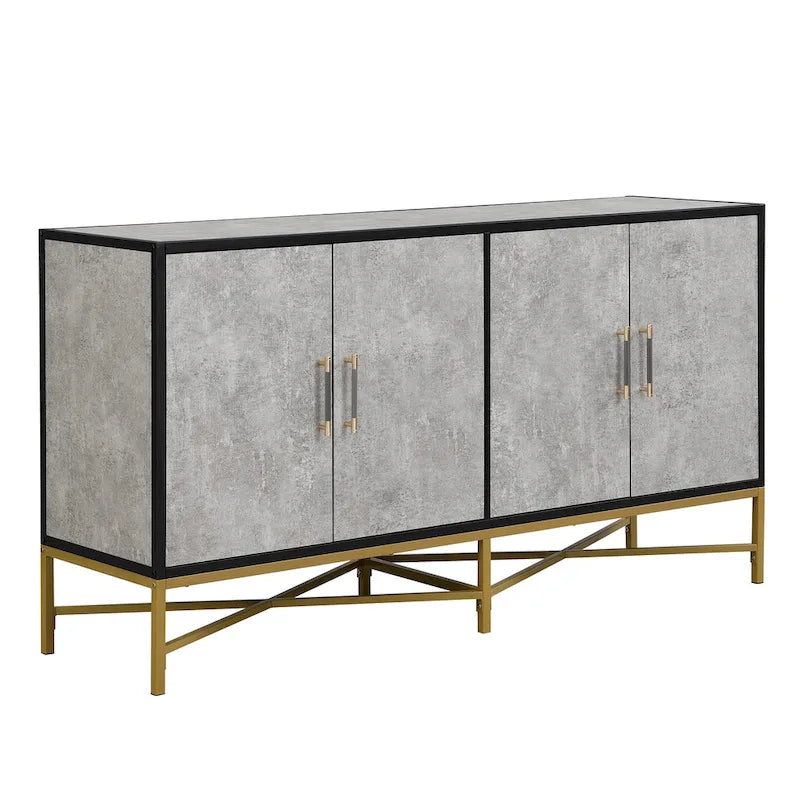 Buffet de salle à manger quatre portes avec piètement en métal et pieds croisés, gris antique