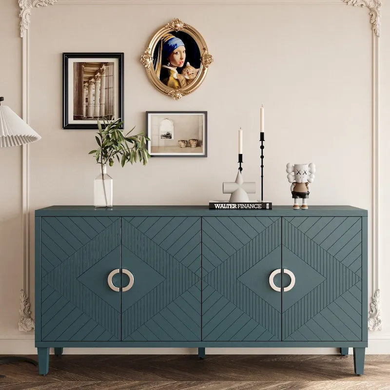 Meuble de rangement 4 portes avec pieds en pin et MDF