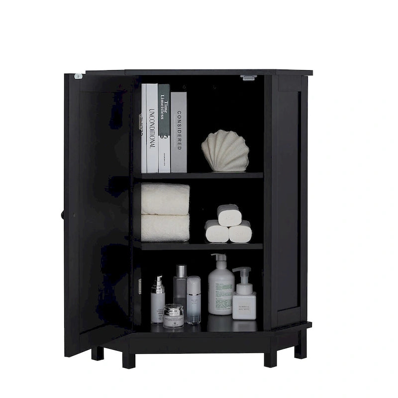 Meuble de salle de bain noir, meuble de rangement d'angle triangulaire avec étagère réglable, panneau MDF de style moderne