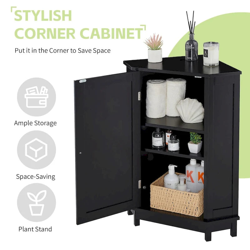 Meuble de salle de bain noir, meuble de rangement d'angle triangulaire avec étagère réglable, panneau MDF de style moderne