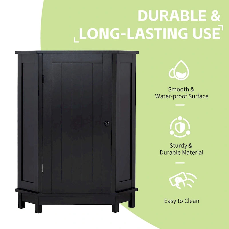 Meuble de salle de bain noir, meuble de rangement d'angle triangulaire avec étagère réglable, panneau MDF de style moderne