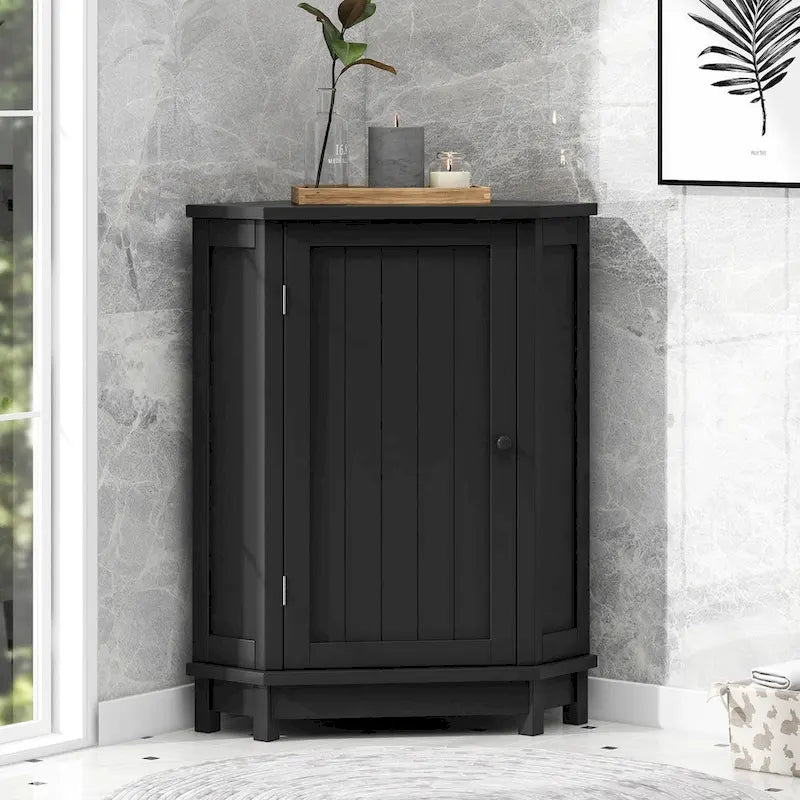Meuble de salle de bain noir, meuble de rangement d'angle triangulaire avec étagère réglable, panneau MDF de style moderne