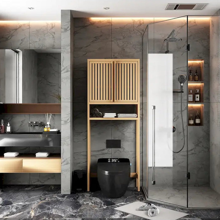 Meuble de rangement WC en bambou avec portes persiennes finition naturelle